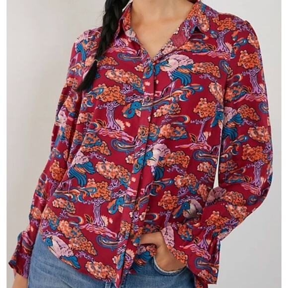 NEW Maeve Anthropologie Women's Darla Printed Button Down Blouse Size 0 - Picture 1 of 11